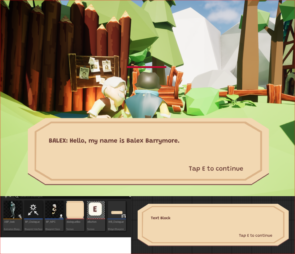 
        <p>
          To be able to incorporate some story-telling into our game, we decided that we need to have the player character have dialogue with a NPC to learn more about the village and the monsters in it.
        <p>
          <b> HMI...</b> leverage the existing dialogue system to convey the underlying narrative with clear instructions and an art style that fits with other game elements </P>

        <p>  
          <b> Plan: </b> Combine vectors created by Gladdens and text created by me in the UI widget. Follow tutorials to use vectors in UE 5.5. </p>
          
        <p>
              <b>Act:</b></p>
              <ul>
<li>Delete base dialogue boxes</li>
<li>Add image elements to apply vector texture to.</li>
<li>Import vectors and apply “Paper 2D settings” to convert them into Sprites</i>
<li>Import custom fontface</li>
<li>Apply sprites and typeface changes</li>
<li>Add new dialogue script into array which is iterated through.</li>
              </ul>
<a href='https://www.youtube.com/watch?v=PVLzw8aY48k&ab_channel=RoyalSkies'>YouTube Link</a> 