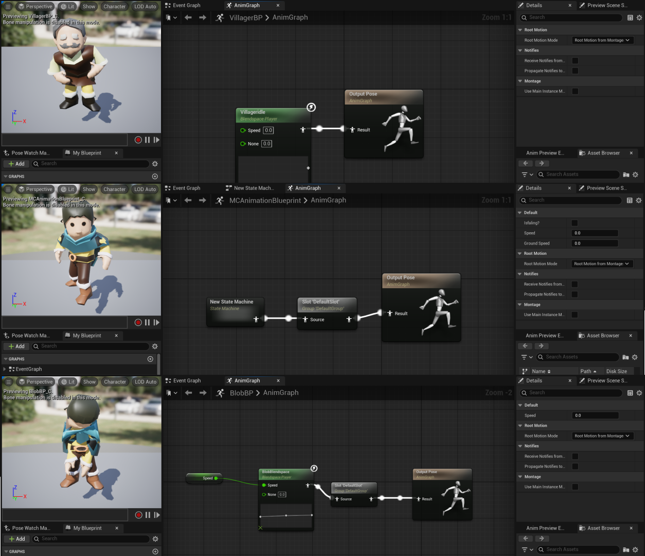 
      <p><b>Observation:</b> Importing the models and rigs are now figured. Next steps to take for this project is to start testing out the animations, and adding them together.</p>

      <p><b>Research:</b> I searched tutorial videos on creating an animation sequence for the character models to move on.</p>
      
      <p><b>Action 1:</b> I created an animation blend-space where I was able to import animation rigs exported from Mixamo, spacing them based on the speed the character will be moving.</P>
      
      <p><b>Action 2:</b> Once figuring out the blend-space, I created an animation blue print, creating the sequence mechanics, so that it is able to function when the game is played.</p> 
      
      <p><b>Reflection:</b> The movement and flow was not as smooth as I expected, making the immersive playing experience as the main player decreased. I was able to learn the difficulty of adding an animation sequence and to make it function and flow smoothly.</p>
      
      <p><b>Research:</b> <a href='https://www.youtube.com/watch?v=WUXvq6At6pE&t=9s&ab_channel=GorkaGames'>YouTube</a></p>
